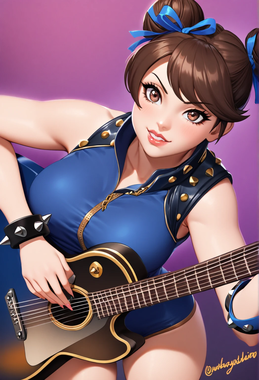 chunlifortnite, 1girl, short hair, brown hair, ribbon, brown eyes, jewelry, hair ribbon, sleeveless, hair bun, bracelet, lips, blue crop top, double bun, blue bodysuit, thick thighs, spikes,spiked bracelet, unitard, studded bracelet, chun-lin, teasing, playing guitar 