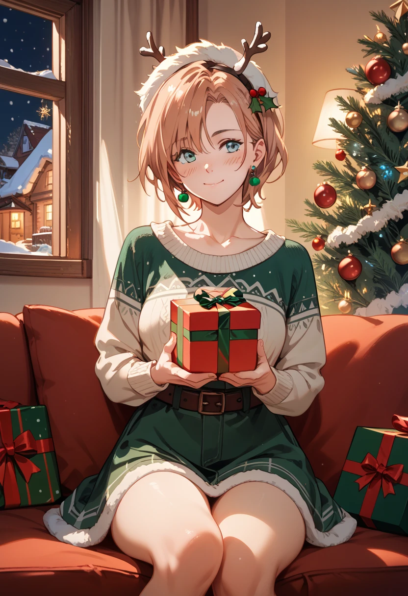  Ash Lynx , Christmas clothes,  Sitting on a Sofa, in a house, Christmas tree.  Closed mouth . happy ,  holding a gift. blushing , 