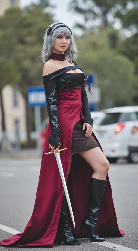 ((yoro cosplay)), ((A very cute caucasian girl cosplaying yor, standing on road side), 1 girl, wide range photoshoot, wide range, (milf), long beautiful face, clear face, ((hot body)), ((yor dress)), ((spyxfamily)), ((assassin suit dress)), ((cosplay dress)), ((((Big breasts: 0.9)))), ((no breasts)), coverd, (((Realistic))), ((well dressed)), waist curve pose, front side, (8k, RAW photo, top quality, masterpiece), (Realistic, photorealistic: 1.9), ((Full body shot)), stylish pose, ((Highly detailed skin: 1.2)), ((Realistic: 1.9)), Photos, masterpieces, top quality, (beautiful blue eyes, gorgeous pale grey black curly hair, white skin, thick body, lower abdomen bristles, perfect slim figure), various poses, ultra-detailed face, detailed eyes, a lot of people are looking at her with excitement, (((close-up))), sun light, cinematic, ((photoshoot)), photography 