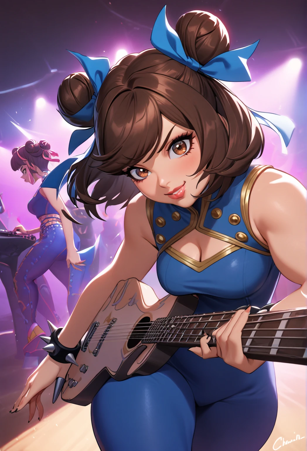 chunlifortnite, 1girl, short hair, brown hair, ribbon, brown eyes, jewelry, hair ribbon, sleeveless, hair bun, bracelet, lips, blue crop top, double bun, blue bodysuit, thick thighs, spikes,spiked bracelet, unitard, studded bracelet, chun-lin, teasing, playing guitar 