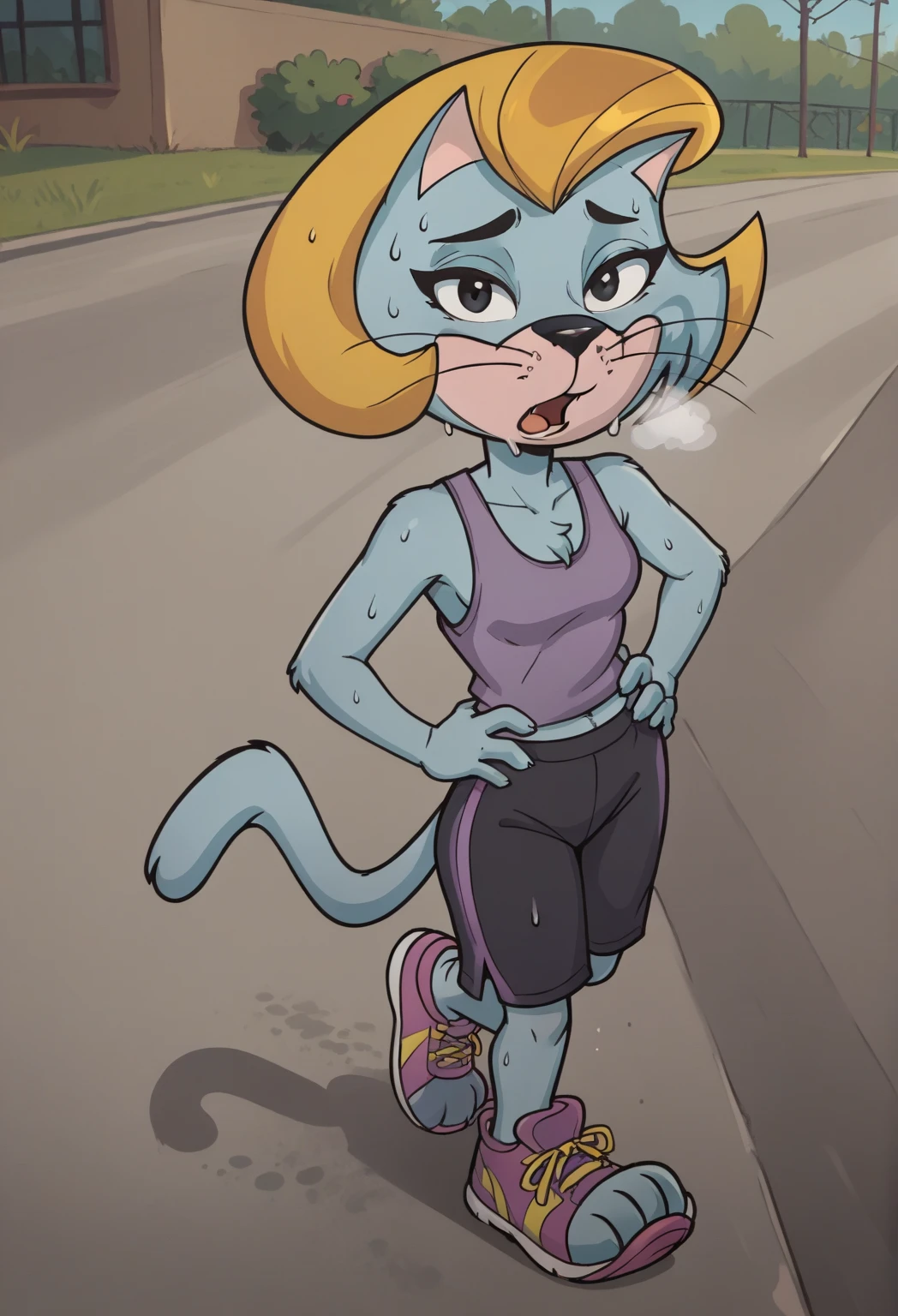 score_7_up, score_8_up, score_9, 2d, cartoon, 
trixie-topcat, catgirl, anthro cat, blue fur, yellow hair, black eyes, purple tanktop, black yoga shorts, hands on hips, looking at viewer, full body, out of breath, sweaty, open mouth, tired exporession, pink running shoes, running pose