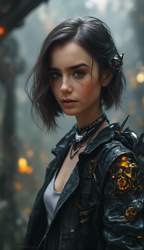 A detailed digital artwork depicts lily_collins character in a futuristic setting. She has striking green eyes and freckles, and her hair is styled in a sleek, shoulder-length bob. The character wears a high-tech, metallic outfit with intricate mechanical details and a choker. The color palette is dominated by shades of gray, black, and metallic, with accents of orange and blue. The background is blurred, highlighting the character as the central focus. The artwork's style is cyberpunk, emphasizing advanced technology and a sense of mystery.