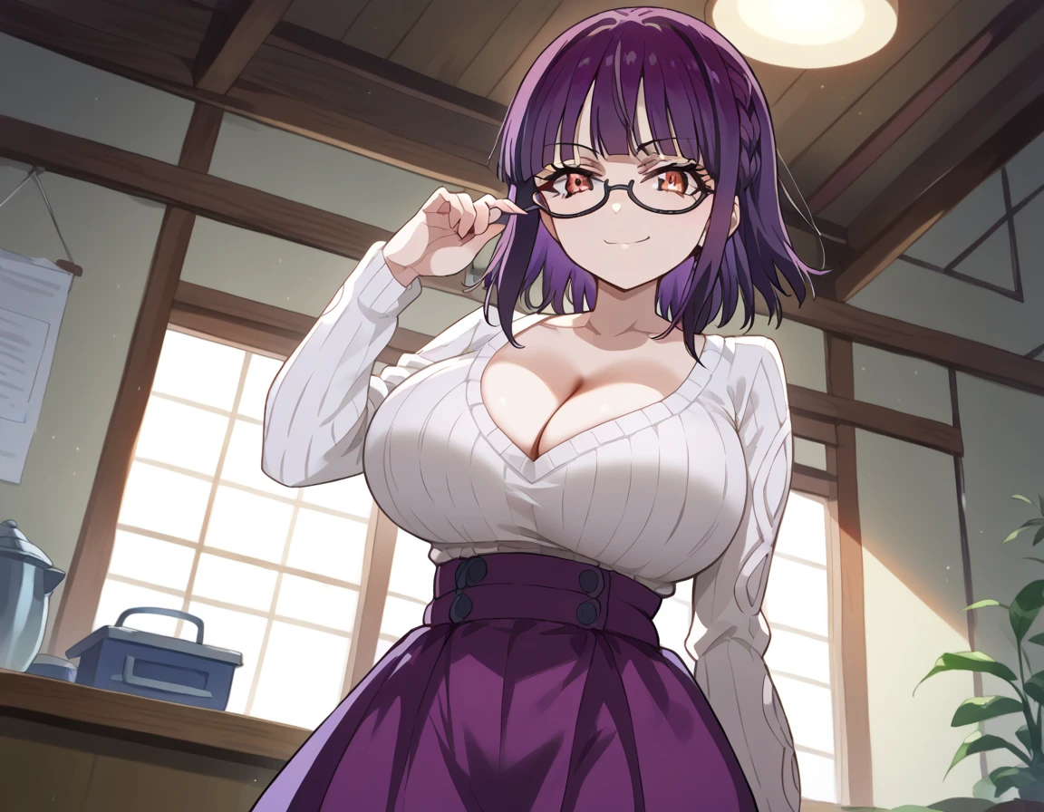 score_9, score_8_up, score_7_up, source_anime,
Alone,sumikafujimiya ,  sumika fujimiya, brown eyes, purple hair, huge breasts,big tits,big hips,(curvin waist),(large breasts:1.3),(round breasts),(gloss々cleavage ),((nalow waist)),(slender),cleavage,braid, glasses, semi-rimless eyewear, under-rim eyewear, taut clothes,smirk,
sweater, long sleeves, collarbone, skirt, purple skirt,
indoors,( accentuate cleavage:1.2),(
looking at viewer, dutch angle,(boobs tent:1.1),from below