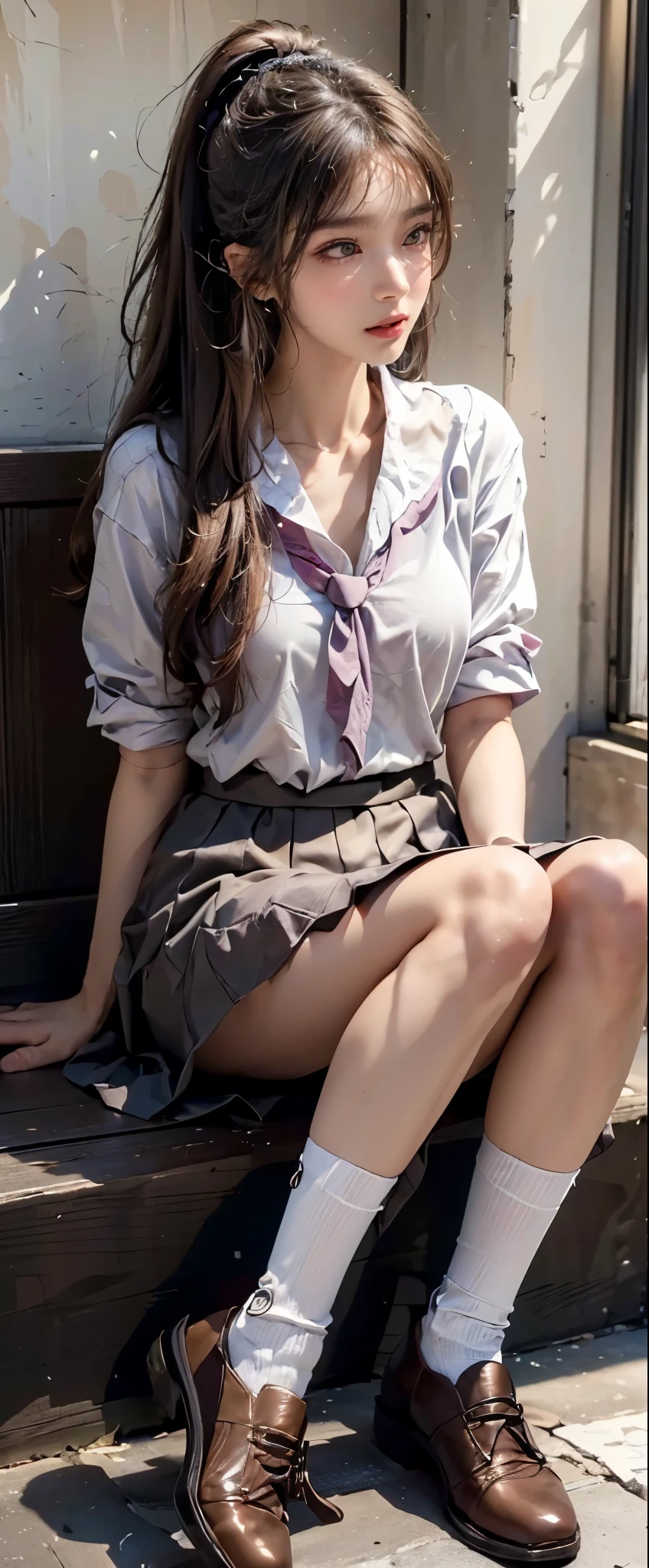 from the front: White shirt, Grey pleated skirt, White socks, Loafer shoes, Medium brown hair, blue eyes, Sit on your knees, River bank,See-through shirt,I can see her panties