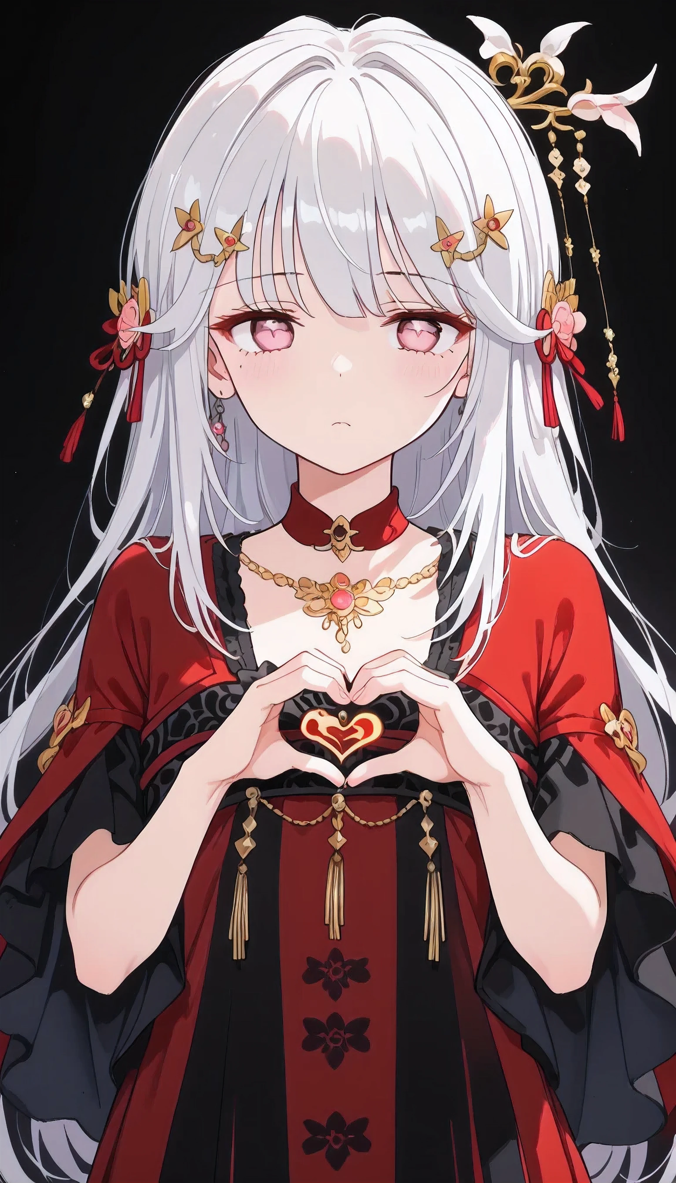 UN\(EOE\),one girl,solo,best quality, masterpiece,score_9, score_8_up, score_7_up, score_6_up, score_5_up, score_4_up ,,break,1girl,(dark background), (shaded Lighting),,break, incredibly_absurdres, ,very high resolution, very aesthetic,by famous artist, 8k, 16k,,beauty illustration,photoshop_(large),,(pink eyes:1.2,looking outside),(white hair|Detailed hair|long hair|hairpin|hair tidy up|knot top),(Witch dress,string,),(sleepy, depressed,emotionless,jitome),dilated pupils, empty eyes,one mole under eye,hair over one eye,intense angle, f/16, Canon,upper body,(
heart hands, 4-Finger Heart Hands,)