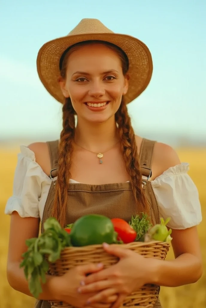 1girl,gal,large breasts,(best quality,absolutely resolution,ultra detailed,masterpiece),(photo realistic),8K,(detailed face),delicate realistic skin texture,Beautiful woman in farmer attire, standing in a picturesque rural landscape, vibrant fields and blue sky, soft sunlight illuminating her features, wearing a straw hat, holding a basket of fresh vegetables, serene and joyful expression, detailed textures in clothing and surroundings, nature theme, high resolution.