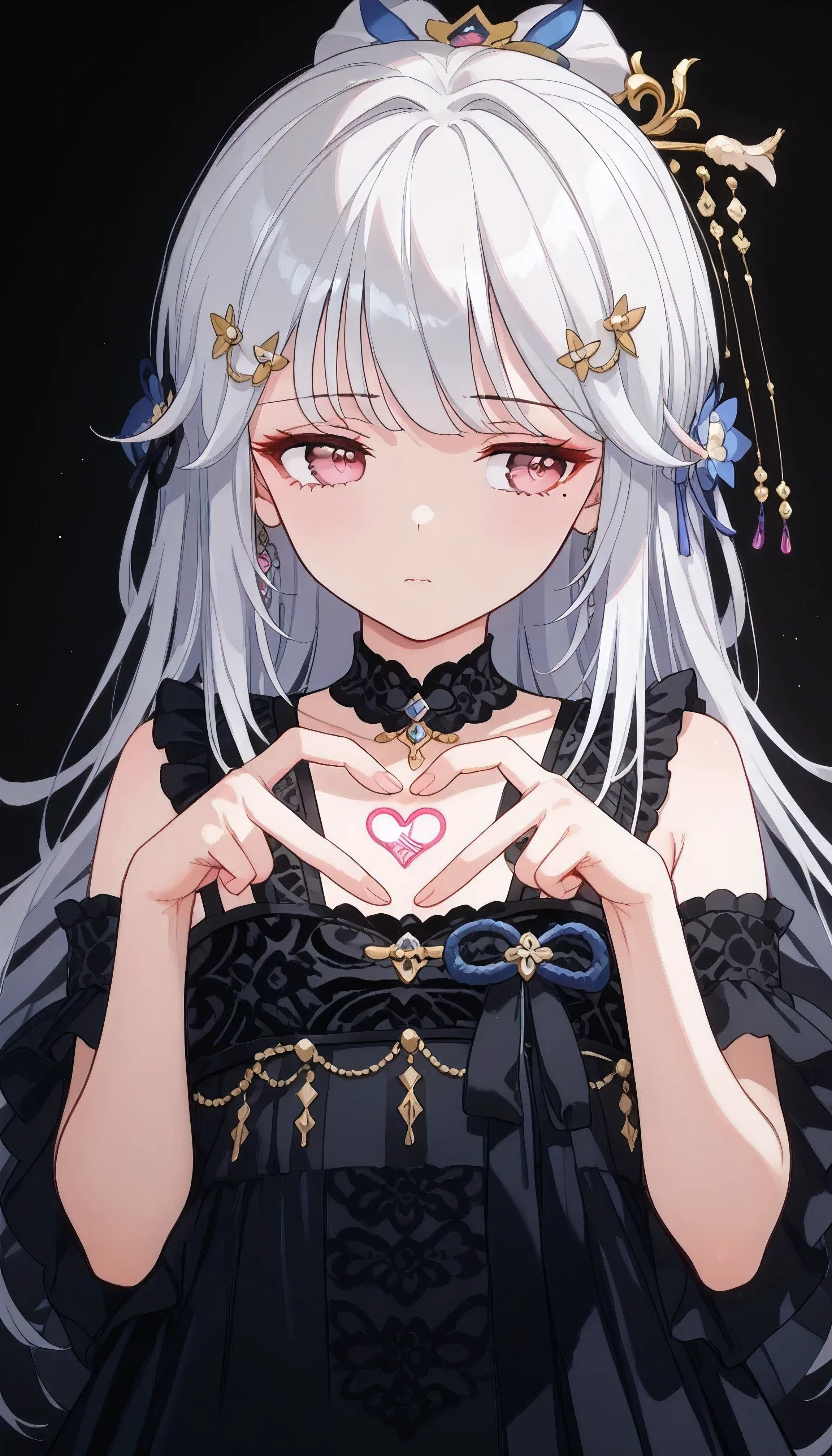 UN\(EOE\),one girl,solo,best quality, masterpiece,score_9, score_8_up, score_7_up, score_6_up, score_5_up, score_4_up ,,break,1girl,(dark background), (shaded Lighting),,break, incredibly_absurdres, ,very high resolution, very aesthetic,by famous artist, 8k, 16k,,beauty illustration,photoshop_(large),,(pink eyes:1.2,looking outside),(white hair|Detailed hair|long hair|hairpin|hair tidy up|knot top),(sfishnet top,,frills),(sleepy, depressed,emotionless,jitome),,one mole under eye,intense angle, f/16, Canon,upper body,(heart fingers, heart hands,,)