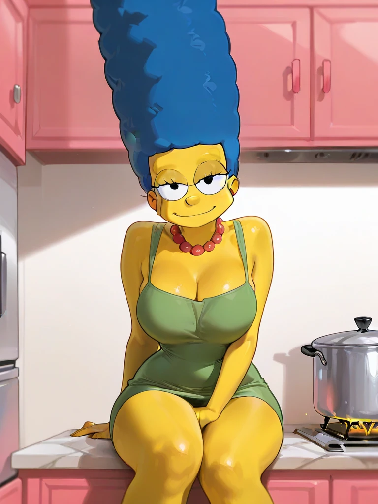 (masterpiece, best quality:1.2),  marge simpson, 1girl, solo, breasts, large breasts, thong bikini, black eyes, cleavage, jewelry, necklace, strapless, pearl necklace, afro, yellow skin, bar (place), neon lights, chair, sitting, alcohol, from side,