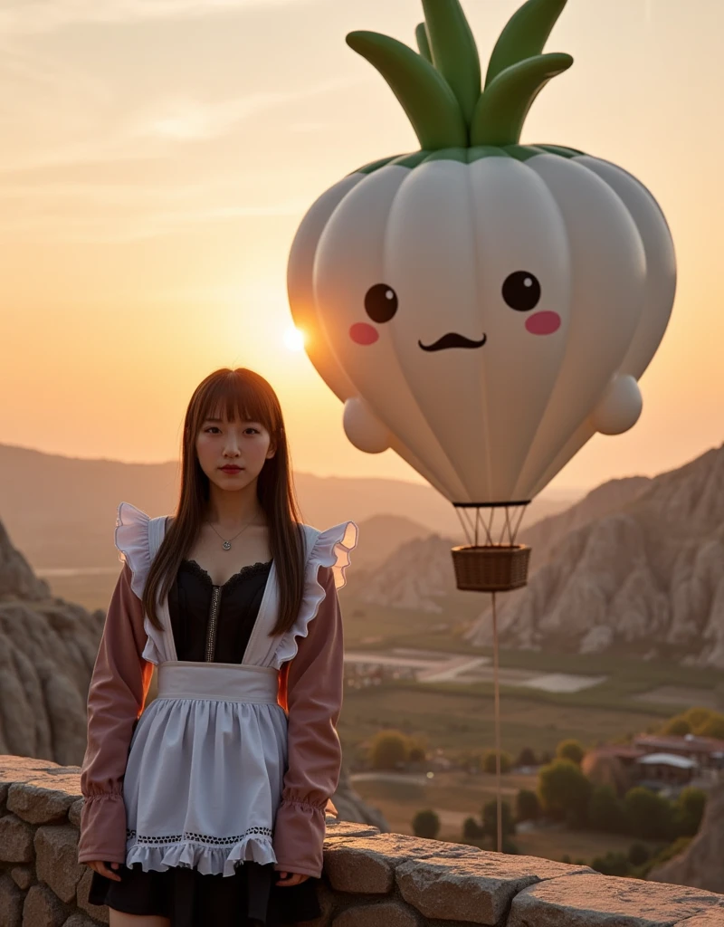 ultra-realistic, photorealistic, dramatic scene, shadow, global-illumination, solo, (20 years old Japanese famous idol girl), very beautiful fragile Japanese girl, very beautiful with very cute face, (modern maid, detailed face skin texture), (wearing a cute colored maid outfits with a jacket), She is standing at the observatory On the stone ramparts, in front of the huge daikon radish shaped hot-air balloon in Cappadocia, in the early morning, (amazing view of a daikon radish shaped hot-air balloons), balloons\(large, very cute white daikon radish character, very cute but sad face, chubby, green leaves on the top, medium-long, full body, small hands\), professional lighting, dramatic sunrise seen,