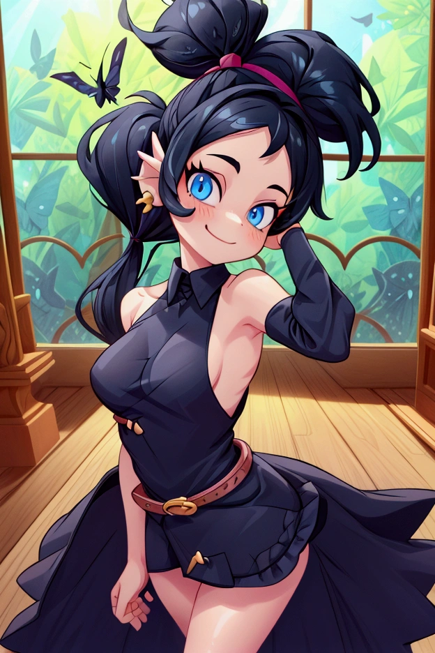 Erisa, 1girl, solo, long hair, looking at viewer, black hair, bandaid on face, yellow eyes, animal ears, smile, bandaid on nose, braid, cat ears, bandaid, bangs, breasts, fake animal ears, simple background, fang, bare shoulders, scar, bare shoulders, closed mouth, hair over one eye, portrait, hair over shoulder, legs, lingerie, bedroom, seductive, realistic, highly detailed face, detailed eyes, best quality, masterpiece, ultra detail, ultra high res, extreme detail, 8k, uhd