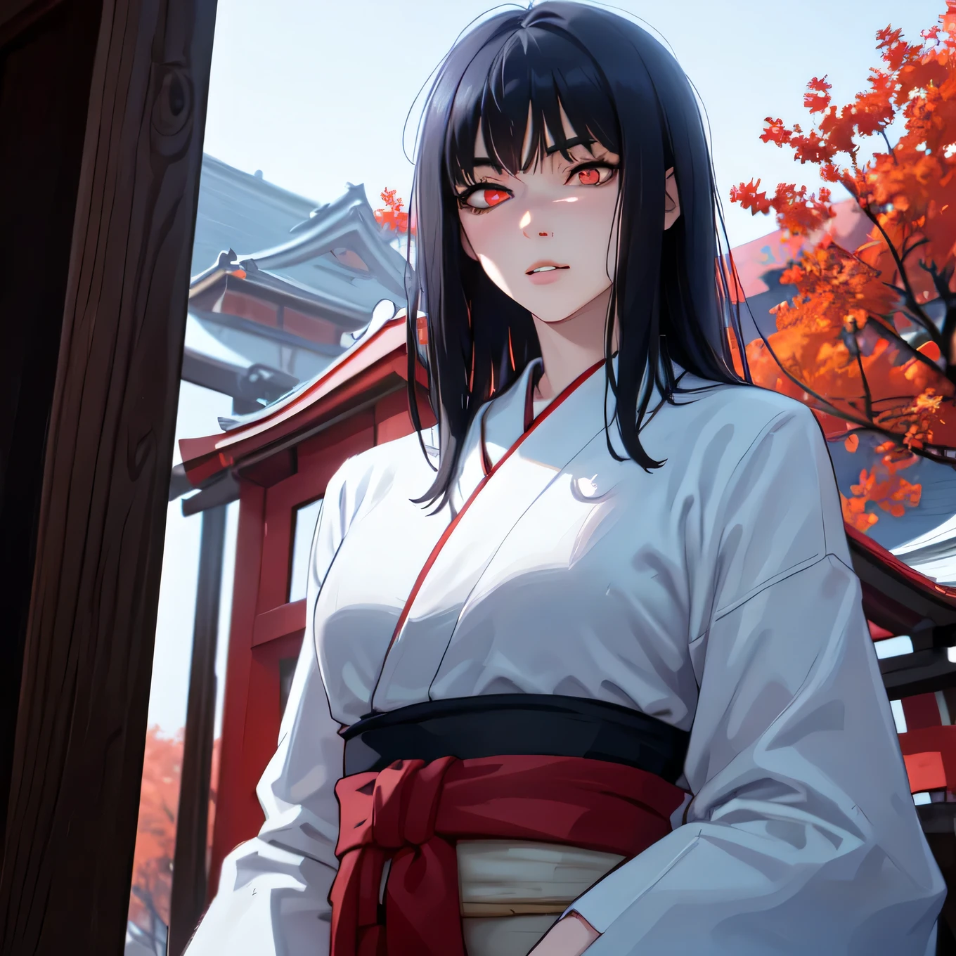   Artwork , best qualityer, ultra details,  a girl, aged up_Far above, Standing alone,  looking at the spectator , you,  black hair,  long black hair cut hime, Japanese Miko costume , close-Far above,  beautiful and detailed eyes ,  detailed eyes ,  super detailed eyes , best qualityer 