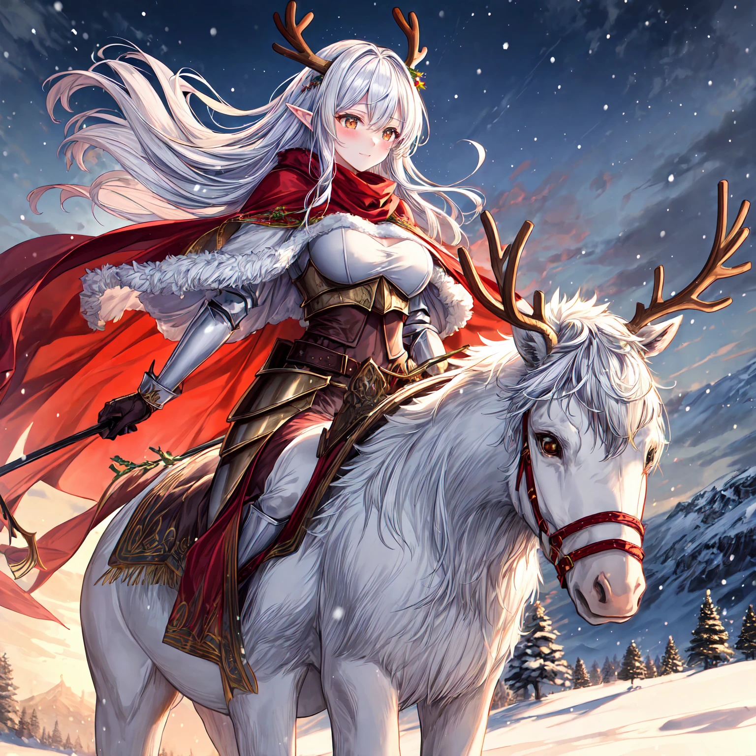 A beautiful Christmas-themed elf warrior in shining silver armor with intricate engravings, mounted on a majestic reindeer with ornate antlers. She wears a flowing red cape with golden trim, billowing in the wind, and holds a white banner adorned with a golden bell, shining brightly against the snowy backdrop. The scene captures a magical winter battlefield at dawn, with soft sunlight reflecting off the snow and her armor. The reindeer looks strong and regal, with detailed fur and an elegant stance. Highly detailed, cinematic lighting, festive atmosphere, intricate textures, vivid colors, and fantasy aesthetics.