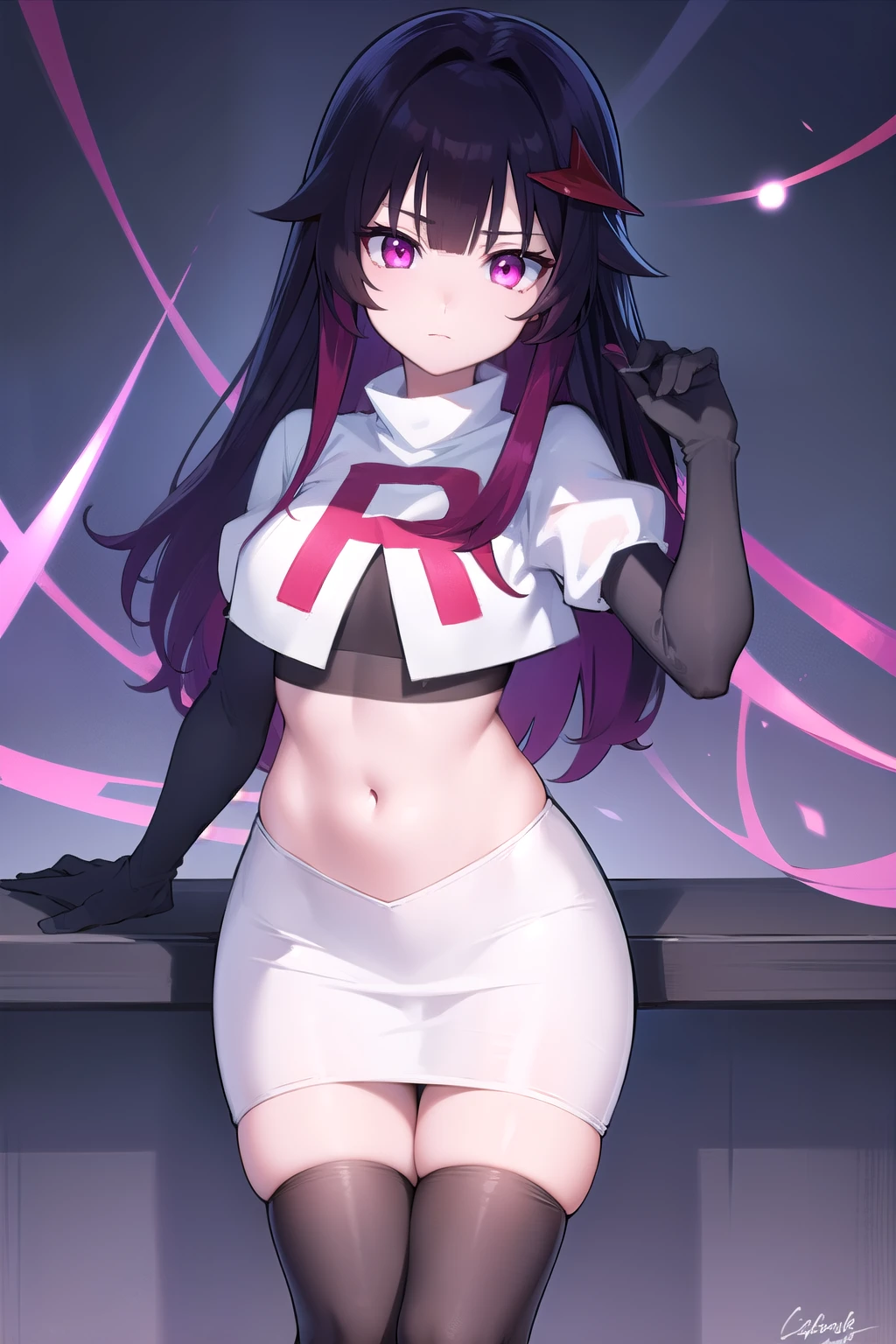 honkaisparkle, black hair, colored inner hair, glasses, hair intakes, hair ornament, hairclip, long hair, multicolored hair, (pink eyes:1.3), purple hair, straight hair,
BREAK team rocket,team rocket uniform,white skirt,red letter R,crop top,black thigh-highs,black elbow gloves,
BREAK looking at viewer, cowboy shot,
BREAK (masterpiece:1.2), best quality, high resolution, unity 8k wallpaper, (illustration:0.8), (beautiful detailed eyes:1.6), extremely detailed face, perfect lighting, extremely detailed CG, (perfect hands, perfect anatomy),