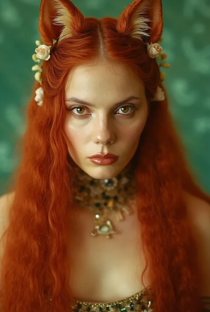 polymorph girl red wolf, beautiful, Yellow eyes, wolf ears, Red hair, emerald satin dress in hussar style, white roses and gold hairpins in her hair, Ultra detail, Surrealism, hyperrealism