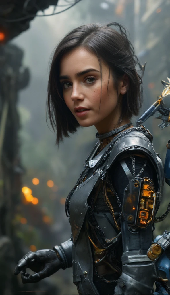 A detailed digital artwork depicts lily_collins character in a futuristic setting. She has striking green eyes and freckles, and her hair is styled in a sleek, shoulder-length bob. The character wears a high-tech, metallic outfit with intricate mechanical details and a choker. The color palette is dominated by shades of gray, black, and metallic, with accents of orange and blue. The background is blurred, highlighting the character as the central focus. The artwork's style is cyberpunk, emphasizing advanced technology and a sense of mystery.