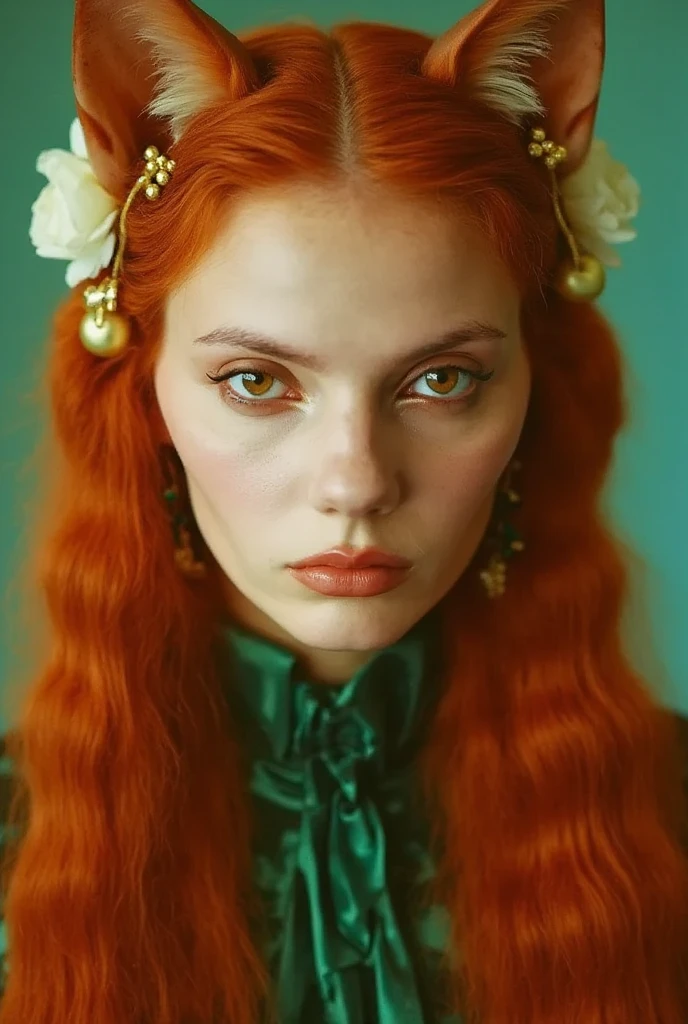 polymorph girl red wolf, beautiful, Yellow eyes, wolf ears, Red hair, emerald satin dress in hussar style, white roses and gold hairpins in her hair, Ultra detail, Surrealism, hyperrealism