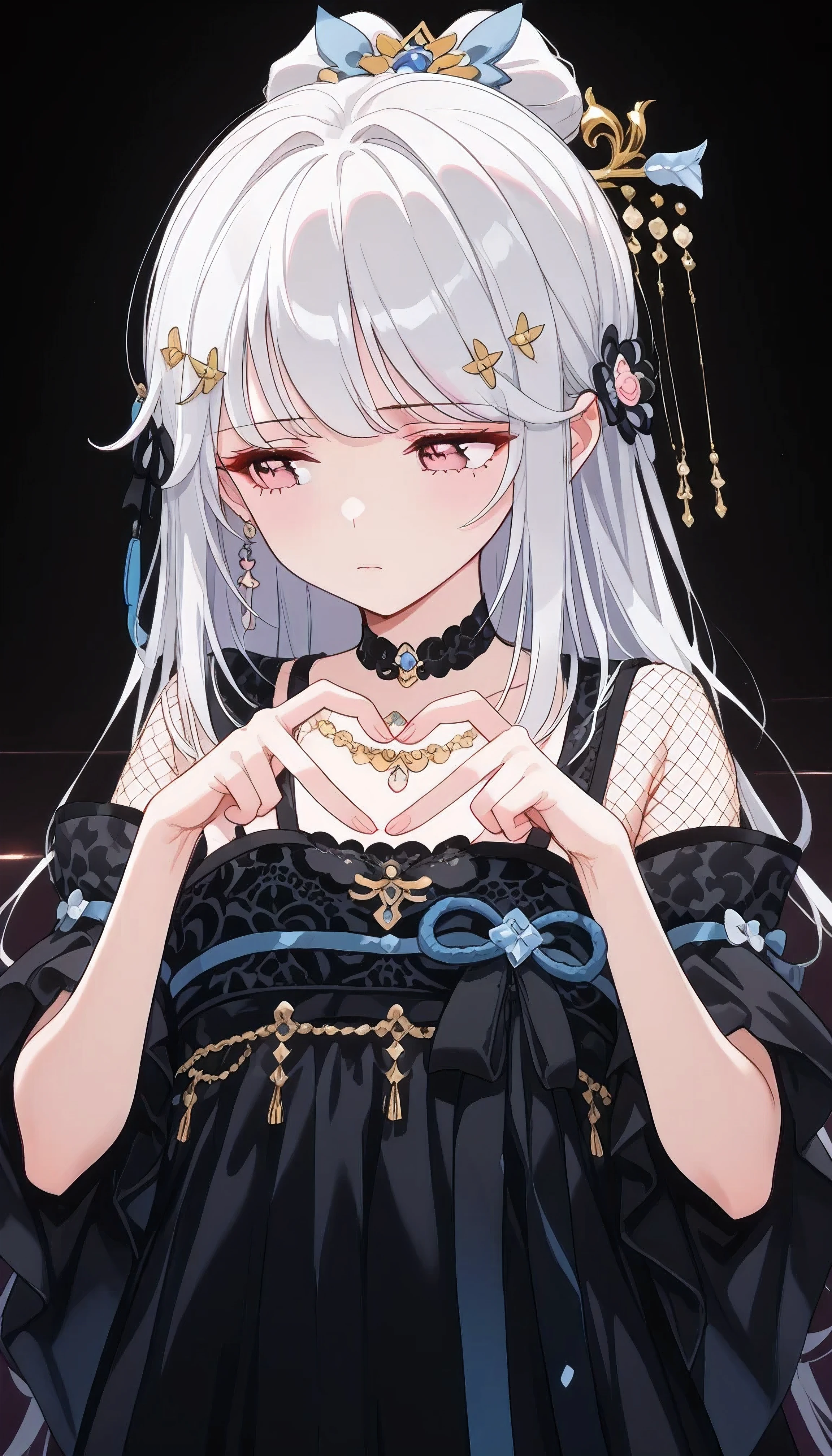 UN\(EOE\),one girl,solo,best quality, masterpiece,score_9, score_8_up, score_7_up, score_6_up, score_5_up, score_4_up ,,break,1girl,(dark background), (shaded Lighting),,break, incredibly_absurdres, ,very high resolution, very aesthetic,by famous artist, 8k, 16k,,beauty illustration,photoshop_(large),,(pink eyes:1.2,looking outside),(white hair|Detailed hair|long hair|hairpin|updo),(sfishnet top,string,frills),(sleepy, depressed,emotionless,jitome),,one mole under eye,intense angle, f/16, Canon,upper body,(heart fingers, heart hands,,)