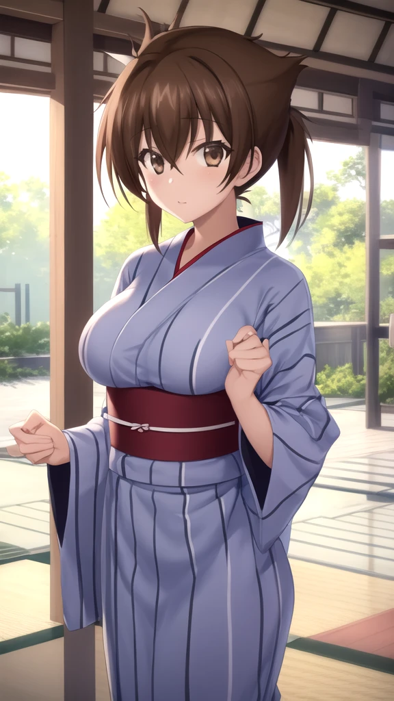 masterpiece, best quality, high quality, girl, solo, looking at viewer, issei_hyoudou, brown hair, brown eyes, hair between eyes, large breasts, yukata