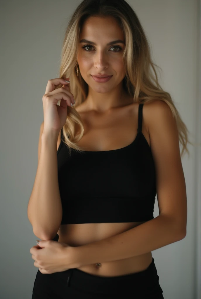   A close-up of a young woman with dark blond long hair,  in a black top and leggings   , sexy girl, instagram model,   tight black tank top  , 2 female model, attractive girl, chic outfit , 1, tiny black bra, beautiful woman,   Is she wearing a black blouse   , Tight black blouse and shorts  , bralette