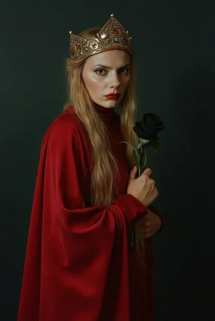 (add_detail:1), hyper-realism, Gothic girl , blonde, black, wearing a queen's crown on her head, with (((long red dress)))), closed face, brave face, holding a black rose in her hand, with dark background, with moonlight illuminating, full body photo, looking at the camera, intimidating look, hyper realistic, ultrarealism, realistic details.