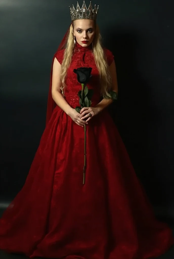 (add_detail:1), hyper-realism, Gothic girl , blonde, black, wearing a queen's crown on her head, with (((long red dress)))), closed face, brave face, holding a black rose in her hand, with dark background, with moonlight illuminating, full body photo, looking at the camera, intimidating look, hyper realistic, ultrarealism, realistic details.