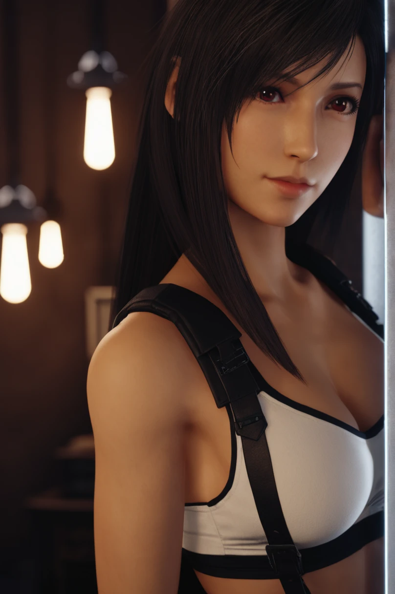 Tifa semidesnuda en la ducha, cuerpo entero, pose sensual, culo redondo, big breasts and light brown eyes. 8K, mejor calidad, obra maestra