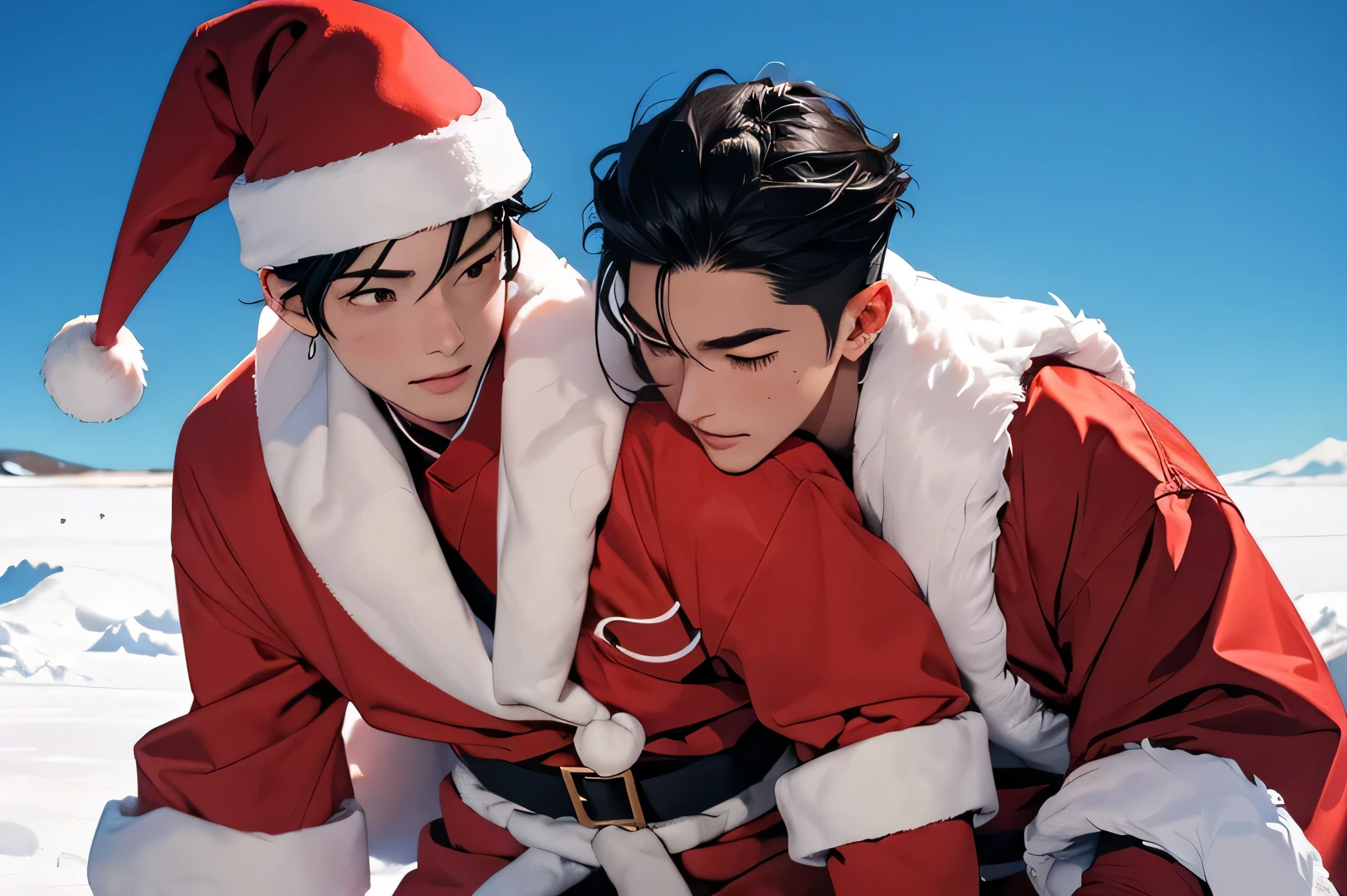  Japanese　　 handsome　 black hair　　male　Slim figure　Backwards Facing Nude 　Red Briefs　Mokkori with an erection　　Santa Claus costume image　Antarctica　In the snow　blue sky　Two people hugging each other