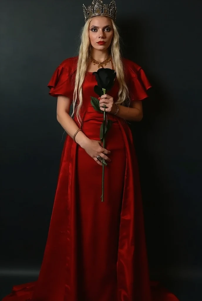 (add_detail:1), hyper-realism, Gothic girl , blonde, black, wearing a queen's crown on her head, with (((long red dress)))), closed face, brave face, holding a black rose in her hand, with dark background, with moonlight illuminating, full body photo, looking at the camera, intimidating look, hyper realistic, ultrarealism, realistic details.