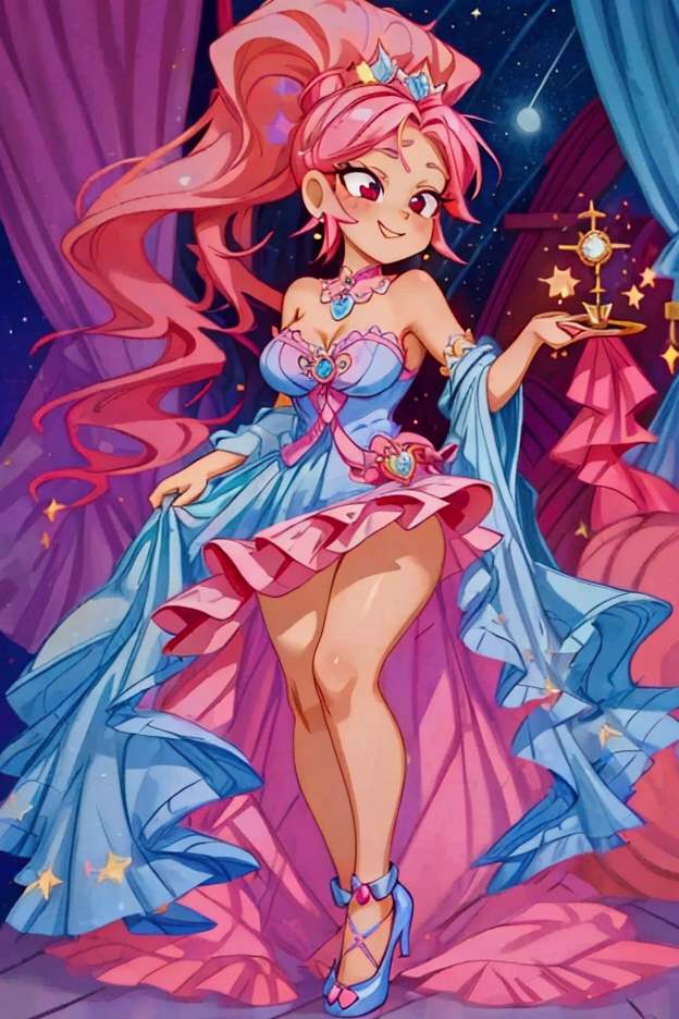 masterpiece, best quality) standing, indoor, intricate detail, sunlight, dark blue frill dress, red high heel shoes, pink hair with a high ponytail, red eyes, cute stars diadema, smiley and sexy expression, sexy pose, coquette, gorgeous legs, mature teenager body, 25 years girl, lovely, gorgeous body, pronounced breasts, earrings