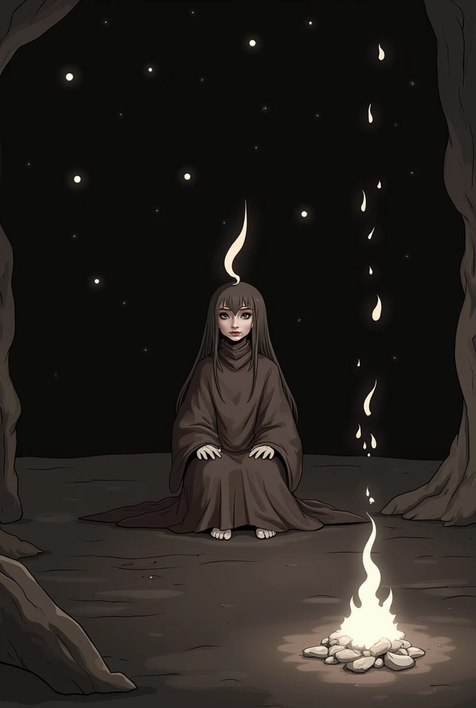 (, masterpiece),  (1 Girl, Solitary,Brown robe, Expression face, Looking elsewhere, Seating, Wide sleeves, dark eyes, Shut up, A ribbon-like flame on the head, Long hair, Cowboy shooting), (monochrome, Night sky at the cave entrance , Lights rising from the bottom, Inside the cave, Floating glowing white particles, The flame burning at hand, Many small flames are suspended),