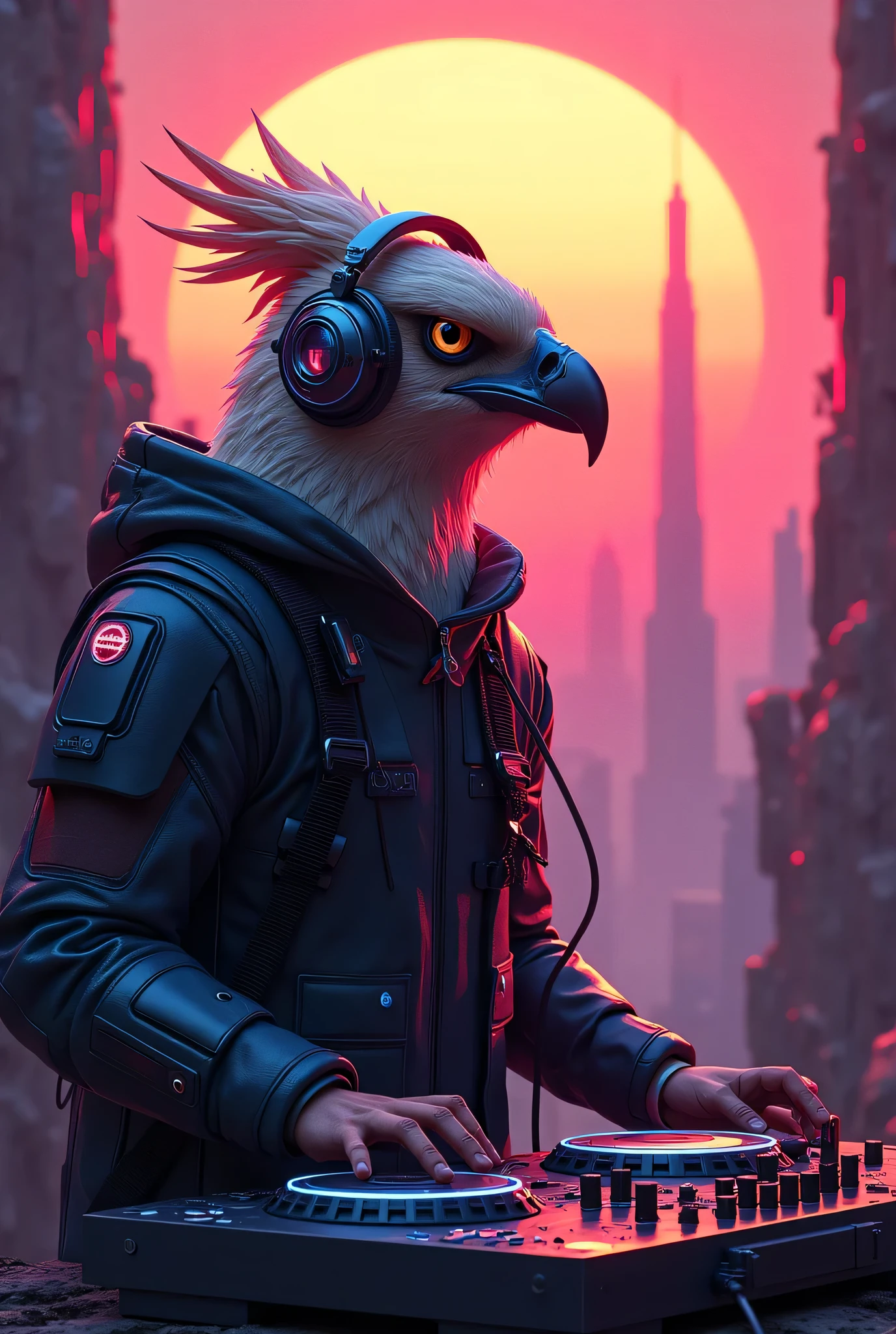 (Wine punk :1.2) ( Synthetic Style :0.8) DJ Eagle , Earphone, anthro , lightwave, the sunset, iintricate, The is very detailed