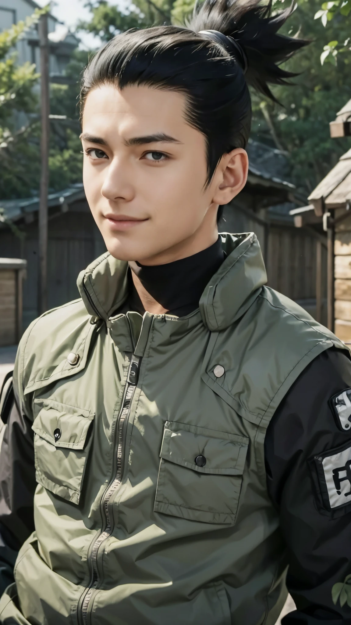 a close up of a person with short hair and a green jacket, shikamaru nara, shikamaru nara from naruto shippuden, as an anime character, perfect anime face, he has black hair with bangs, male anime character, anime character, anime best man, hime cut hairstyle, black hair, black eyes, smile, realistic, ultra detail, city background, (handsome face:1.3)