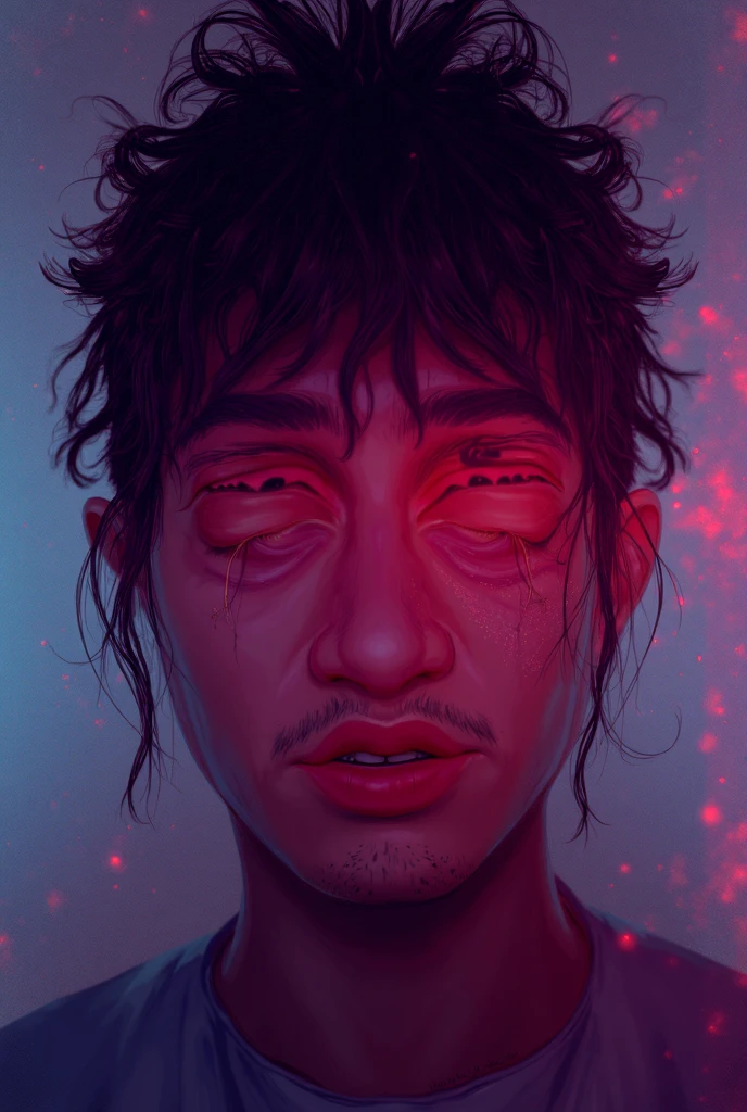 arafed man with a white shirt and tie with a pink paint on his face, a digital painting inspired by Abdur Rahman Chughtai, tumblr, hyperrealism, khyzyl saleem, digital oil on canvas, covered in oil painting, portrait of a crying ai artist, with a bruised face and bruises, digital painting”, digital paiting