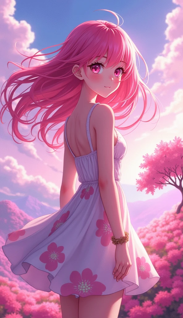  The image shows a girl with bright and expressive features,  bow stylized in the genre of anime or digital art . She has colorful hair ,  turning from blue to pink , , which gives it a fabulous and slightly fantasy look .  Her big eyes emphasize the soft and gentle look .  The girl is dressed in pale blue I wear clothes with a , , which adds sophistication and innocence to the image .

 In front of her is a bright pink cake ,  decorated with cream and berries ,  who is in the spotlight .  The background of the picture is a cozy cafe with soft light ,  with people sitting at other tables .  The cafe windows offer a view of a city street with blurred details ,  creating an atmosphere of warmth and comfort .

 The overall tone of the image is light and rich ,  conveying harmony and a sense of celebration or a pleasant moment .