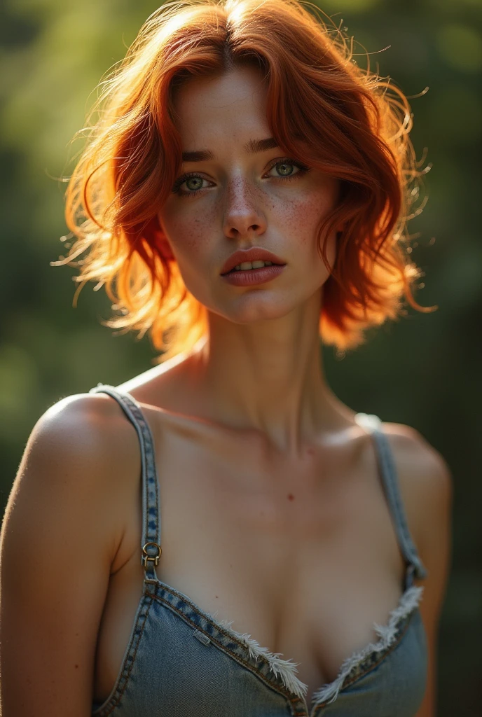 (best quality, masterpiece, highest detailed), (photorealistic:1.2), (detailed light:1.2), (Realistic skin texture:1.4), raw photo, charming young girl, red hair, short haircut, freckles,  green eyes, slender body, black bra, black thongs,  looking at the camera, simple black background, forelock on the chest, soft light passing through the hair