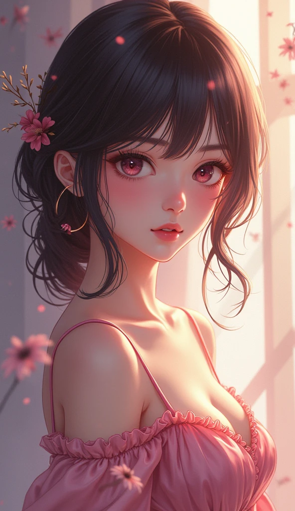Amazing portrait of a woman who is 30 years old and an adult and a sexy neighbour next door wearing a loose oversized pink sweater during night time with soft lighting showcasing her red lips and her beautiful face in detail and close up