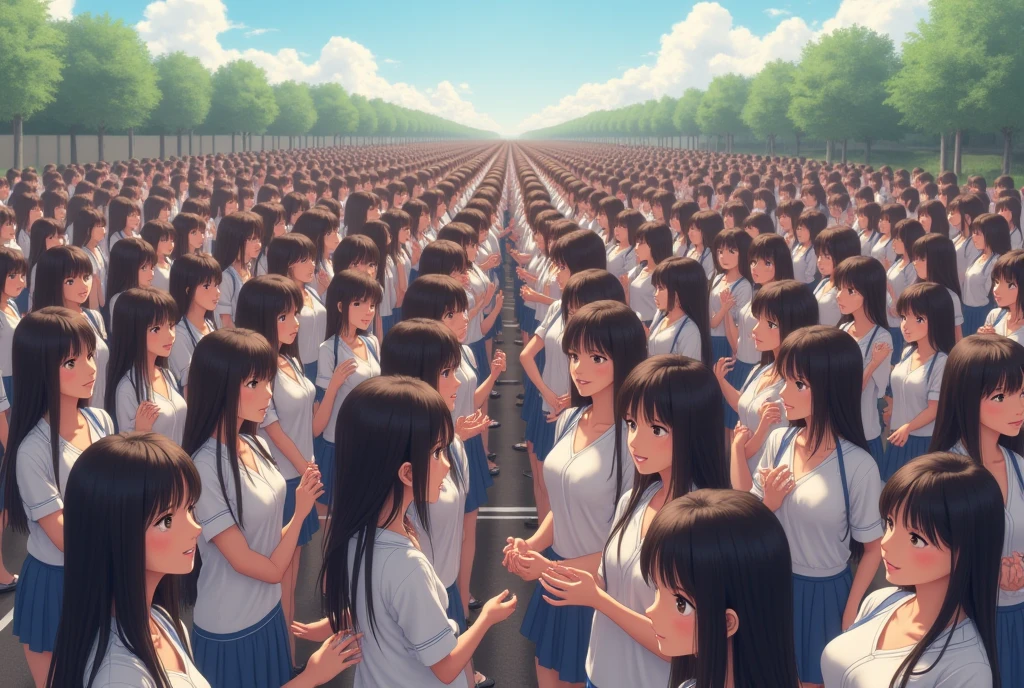 (((((Japanese Clone girls=Myself)))))), (((best masterpiece Clone girls Raw Photography Art))), (16K, Highest quality, Ultra-high resolution, RAW Photos), (((Unrealistic, Unparalleled depiction, An unbelievable sight, Unprecedented and shocking, In a world where myselves are multiplied, Ultra-realistic))), (((Japanese, woman, 18yo, Sasaki Nozomi))), (Small face, ((Thick black hair, Semi-long hair))), ((V-neck short-sleeve dress)), (((((Very beautiful detailed girls, Accurate body structure, Very detailed完璧な, A super busty body with very large breasts, Great proportions, super big breasts, Big, voluptuous breasts, The cleavage is very plump and emphasized))))), (((Dark Eyes, Mature face, Cute Smile, A gentle gaze, ((Very happy laughter))))), ((((((((Very detailedcloning描写, ((1girl→cloning→1,000,000,000,000,000,000,000,000girls)))))))))), ((((((((Very detailed, The precise depiction of the double, ((With the exact same female body, With the exact same face, With the exact same hairstyle, In the exact same clothes, At the exact same height, The same exact super big boobs)))))))))), (((Myself only))), (((100,000,000,000,000,000,000,000,000,000,000,000,000,000,000Myself))), (Beautiful poses to raise the actress's consciousness, Cleavage Emphasis, Walk freely), (((Very detailed, Myself and each other, hug, Back to Back, Myself big collection, Fun conversation with myself, A happy conversation with myself, Kiss Myself Everywhere, Doting on Myself))), (Free pose), (Sexual seduction), (((Unbelievably crowded, Close contact between transcendent selves, Countless "myselves" completely surround me in 360 degrees))), (Bright and soft sunlight), (((super wide view, Very wide field of view, Very detailed, Detailed ultra-perspective depiction with clear depth))), (((Flat and gently undulating terrain, ((Slope)), The countless "myselves" filling the city's boulevards and scramble intersections continue to grow infinitely, reaching beyond the horizon))), (Focus on the center of the group)
