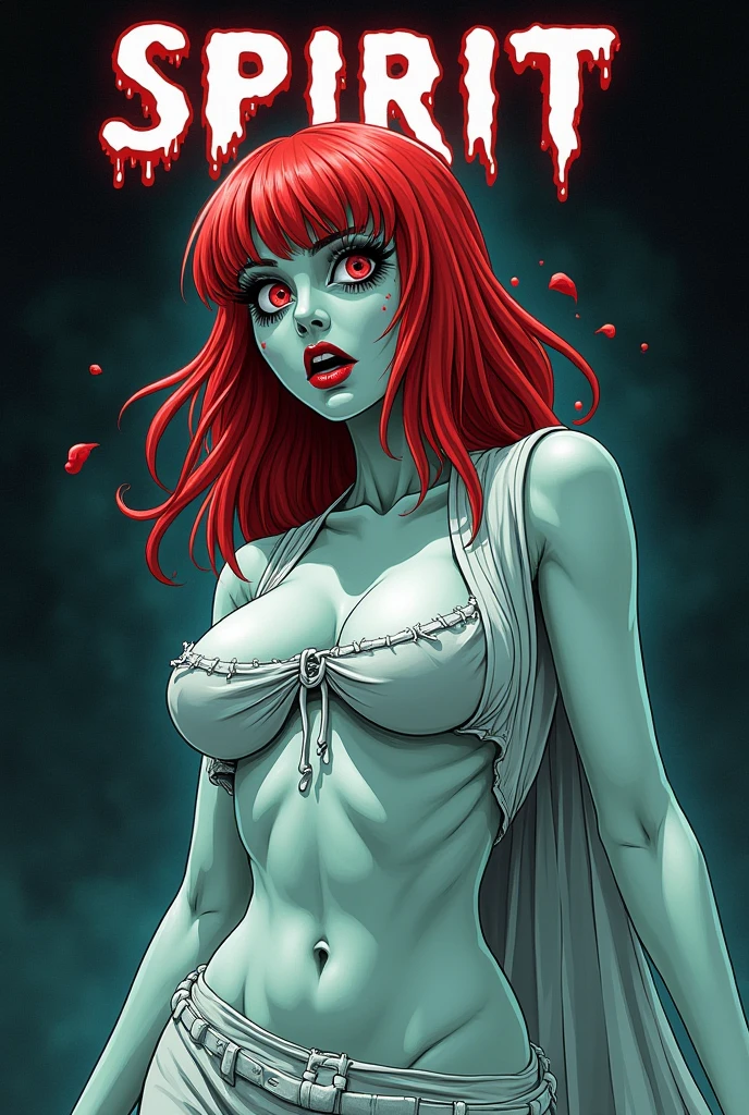 Raven Darkholme, 1girl, solo, long hair, dress, medium breasts, yellow eyes, red hair, white dress, sideboob, colored skin, skull, blue skin, <lora:Mystique:0.7>