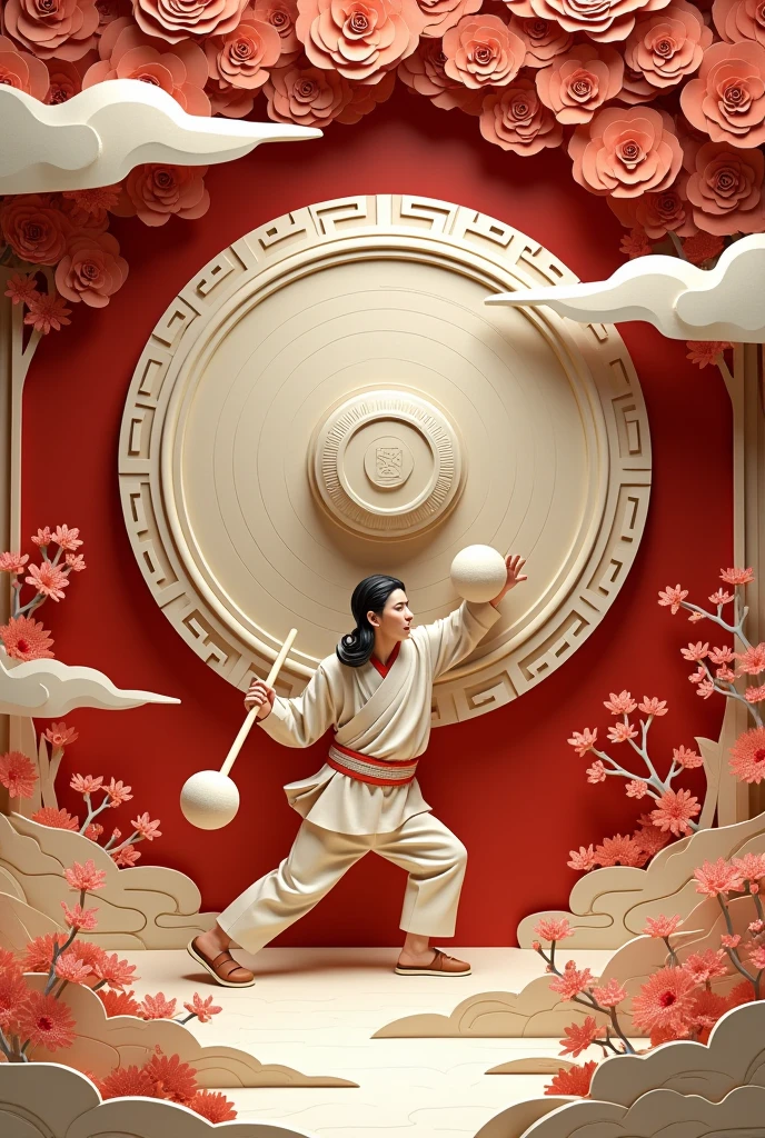 Paper cutting art, paper craft art, person playing a giant Chinese gong with a big felt ball mallet, ultra detailed, absolutely resolution, masterpiece