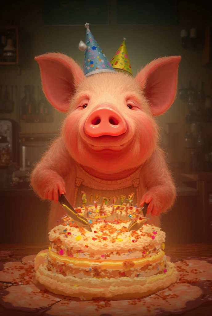 A muscular pig, puffy chest and shirtless, green tattoos, celebrating his birthday on a black ship, green birthday cake thick red cross shaped candle, guest muscular rooster bird, puffy chest holding present