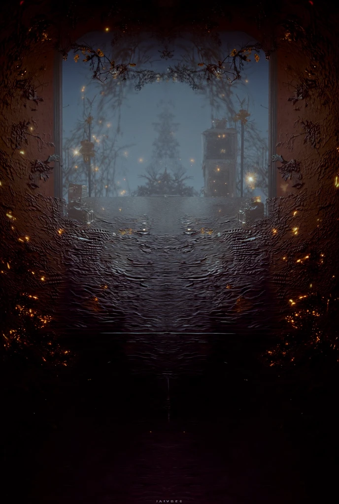 Inside a pitch black tunnel with knee high water that leads into the darkness- only illuminated by orange chinese lanterns floating on the water, tall autumn trees, ((pitch black darkness)), ((orange and black colours)), ((centered)), tree's lining the sides of the long cavernous tunnel