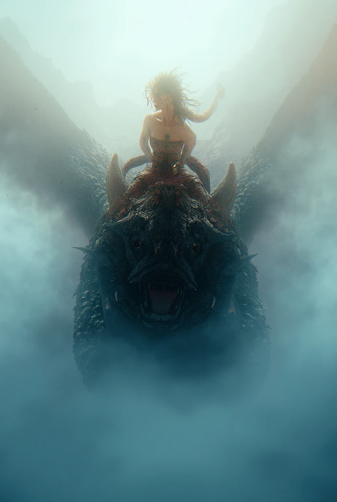 A beautiful young singing in a live storm on a Dragon. there is a ship on the back side. one shark try to attack .Thunder .a volcano. A Octopus