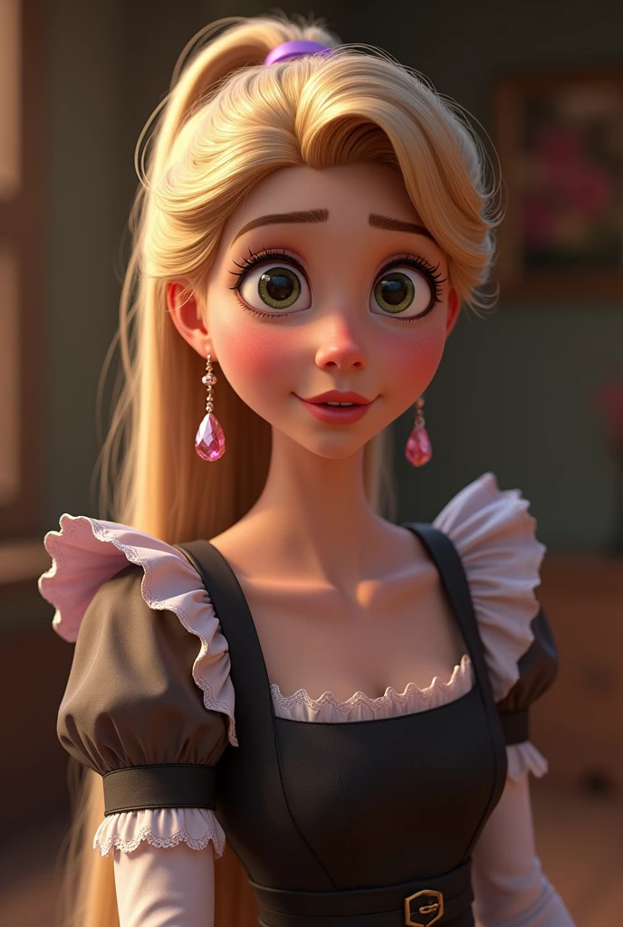 Rapunzel ina maid outfit with her hair pickupo in a ponytail hypnotized by the pink earing ahe wearing
