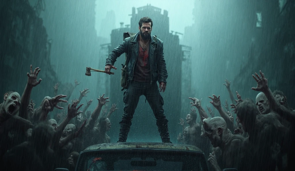 Best quality, masterpiece, ultra high res, photorealistic:1.5, raw photo,ultra reality, bearded man, short hair, a man standing on a pile of dead humans, wearing gray checkered shirt,holding knives in both hands, bloody hands, injured, some bruises, fighting, in the warehouse, cinematic lighting