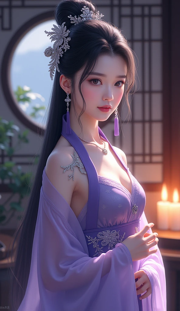 (Jade Beauty:1.1,Peerless Goddess:1.1,black hair:1.1,Enchanting eyes:1.1),(Best Quality,4k,8K,hight resolution,Masterpiece:1.2),Ultra-detailed,(Realistic,Photorealistic,photo-realistic:1.37),portrai,Vivid colors,Lush green environment,natural lighting,serene atmosphere,Graceful posture, perfect hand, Detailed finger, beautiful detail eyes, hairlong, Dressed in a translucent slit, translucent clothes, Face of the Goddess, Detailed Face, (((tmasterpiece))), (violet eyes)