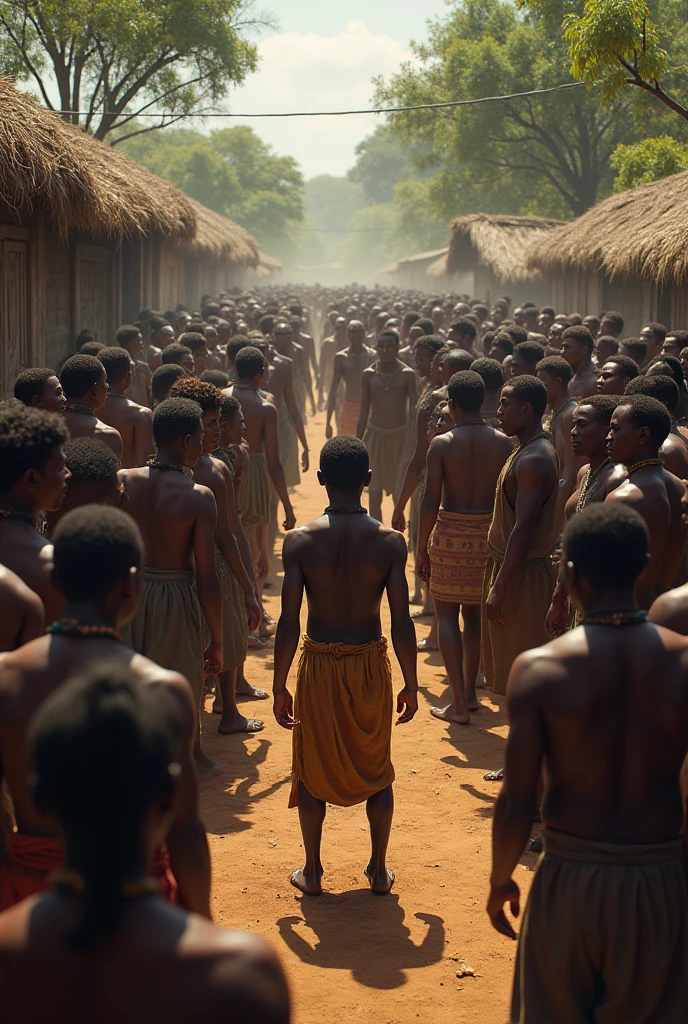 Depict a powerful and ominous scene set in the deep, untamed heart of Africa during the late 1790s. A group of strong and fierce African warriors, dressed in traditional tribal attire with weapons in hand, stand in formation before the elder chief of the Shagua tribe in Zimbabwe. The warriors are tall, muscular, and exude a sense of unyielding strength and resolve. The elder chief, dressed in ceremonial garments adorned with feathers and bones, gazes at the warriors with a solemn expression, acknowledging their readiness. The surrounding village is cloaked in the shadows of the dense jungle, adding to the sense of foreboding as the warriors prepare for what lies ahead.