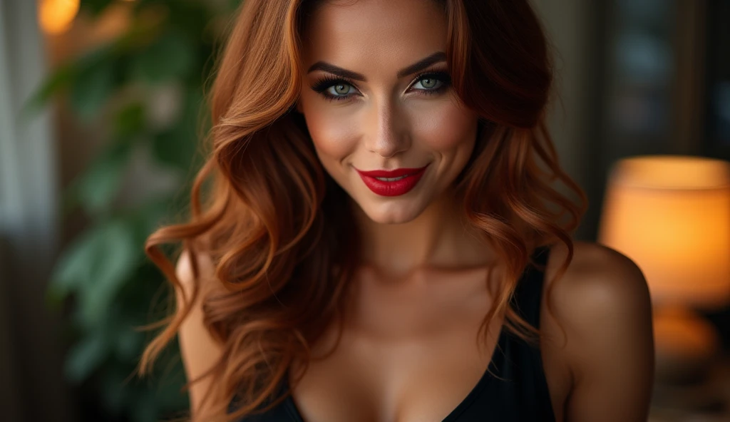 (masterpiece, Best quality, cinematic, photorealistic, ultra detailed), 1 girl, Thick, (wide shot, front:1.5), (Smart woman in a black dress:1.4), (Red hair, long straight hair:1.2), perfect hands, perfect face, (bursting chest, big cleavage:1.4), round ass, (seductive pose:1.2), (green eyes, soft and shiny eye shadow, detailed students, Defined eyelashes), (blushing, slightly parted lips, cherry lips:1.2), (gradient background:1.2), (leaning over:1.3), (Armpit shown:1.3)