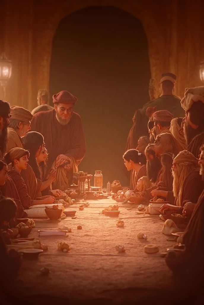 Image of the Last Supper with Jesus and his 12 disciples sitting around a table with bread and wine. Jesus is in the center, wearing a white robe and a blue cloak, and wearing a golden halo on his head. His disciples are on his left and right and wear tunics of different colors to express different emotions: love, surprise, doubt, rebellion, etc. The table is rectangular, with white tablecloths, lavish meals, beer, roasted meat, Chinese food, extravagant dishes from different countries, round bread, wine glasses, plates, knives and fruits. The background is a lavish fabric, and you can see the night view of the fireworks from the window. There are no women in the scene that takes place in the 1st century