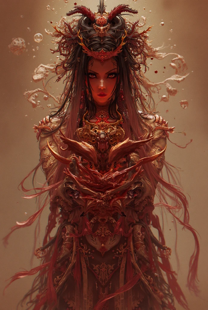 Blood red room, Flashing white TV screen, BUDDHA STATUE, cabelos preto e longos, with hair dishevelled, Cover one eye and face, Bright red eyes, Wearing a white transparent robe, Looming full breasts,liquor,Devil, reaching out her hands,Straighten your body, Red nails are exposed, Pinch the camera, hyper HD, Anatomically correct, Textured skin, Super detail, High details, High quality, A high resolution, 8K, hyper HD, Anatomically correct, Textured skin, Super detail, High details, High quality, Best quality, 8K,Leishnampo,Room 2,Horror
