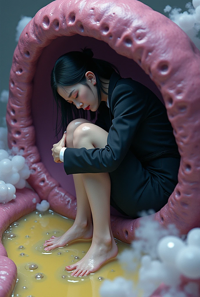 Draw a black-haired Asian girl about . Below the neck is the body of a slug, and the head is the black-haired Asian girl. The slug and the girl's head are fused into a "slug man", and slug slime will be left wherever the slug's body passes.